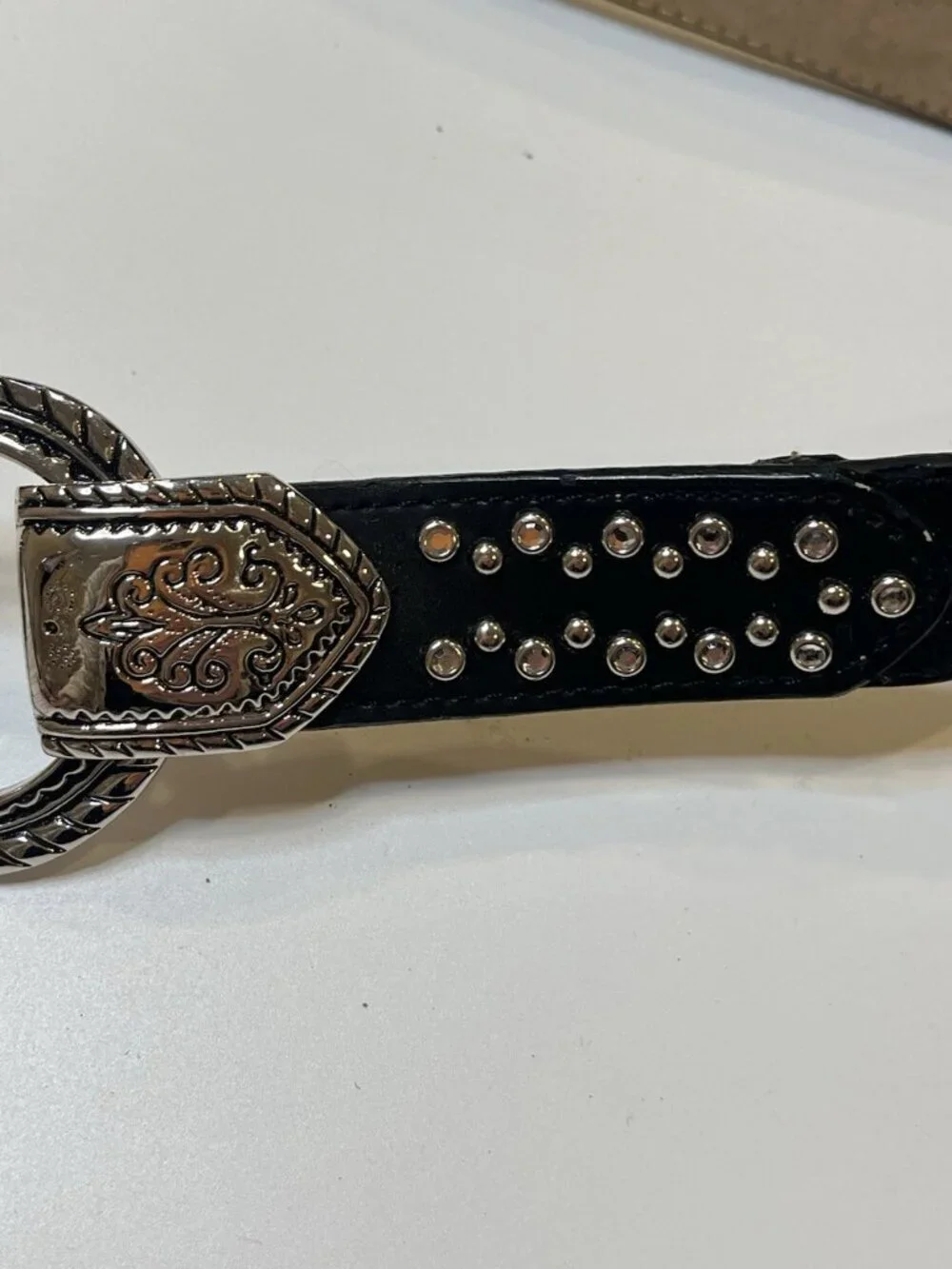 Genuine Leather Western Studded Belt Silver Horseshoe Buckle Black 40